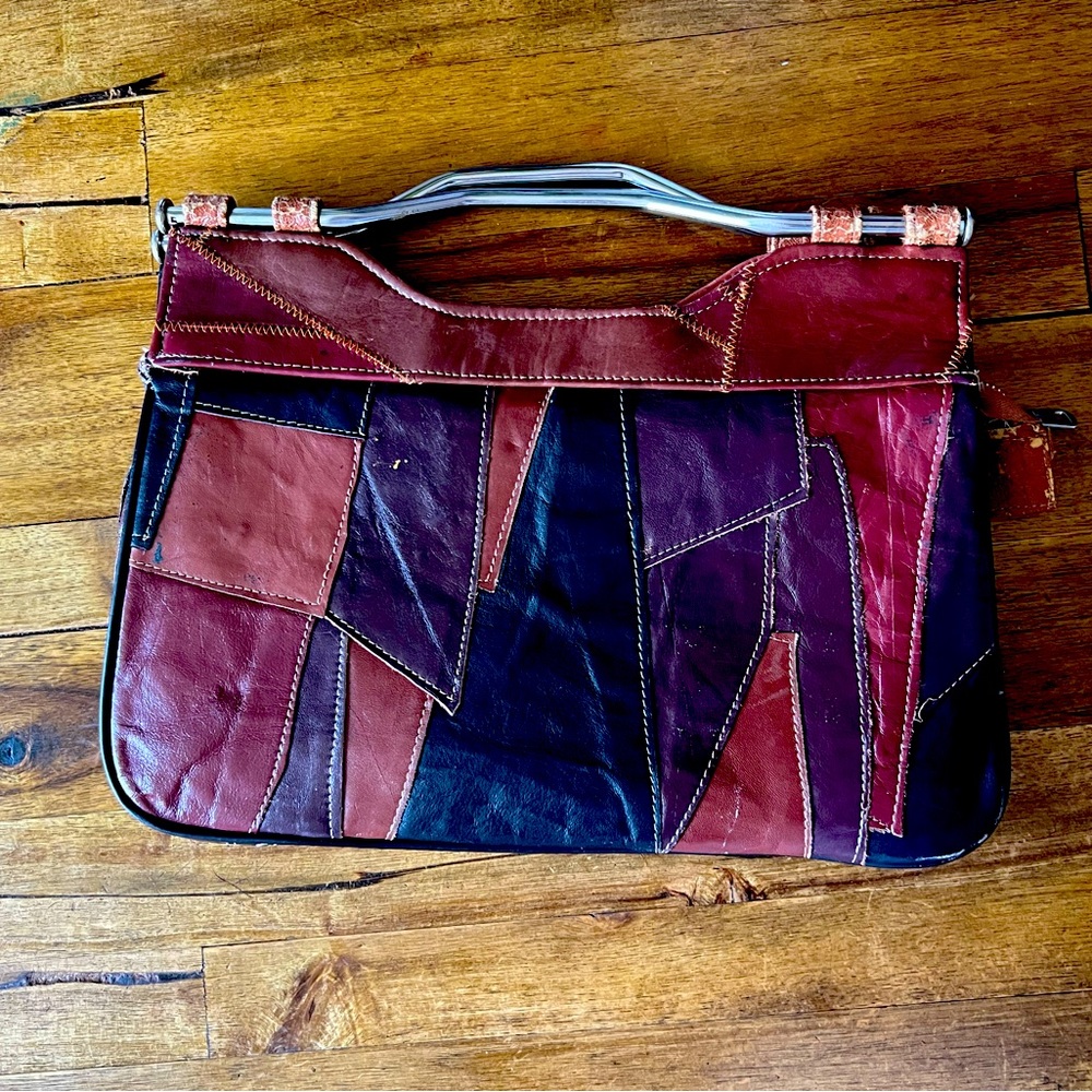 Vintage Leather Patchwork Purse, Silver Metal Han… - image 1